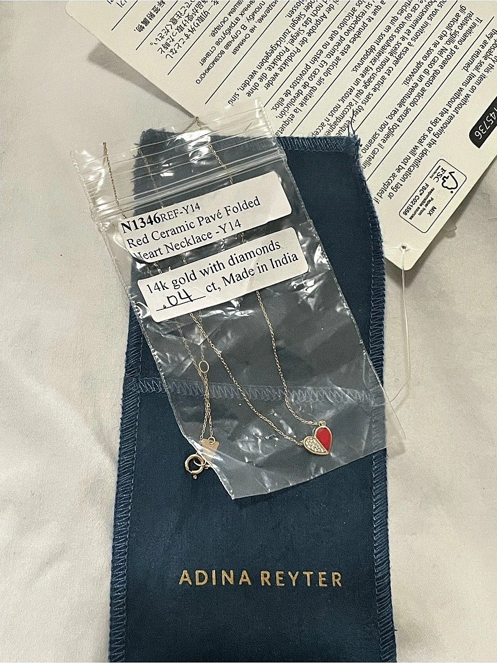 NWT Adina Reyter Red Ceramic /Pavé Diamond Folded Heart Necklace Heart Necklace - Picture 6 of 6